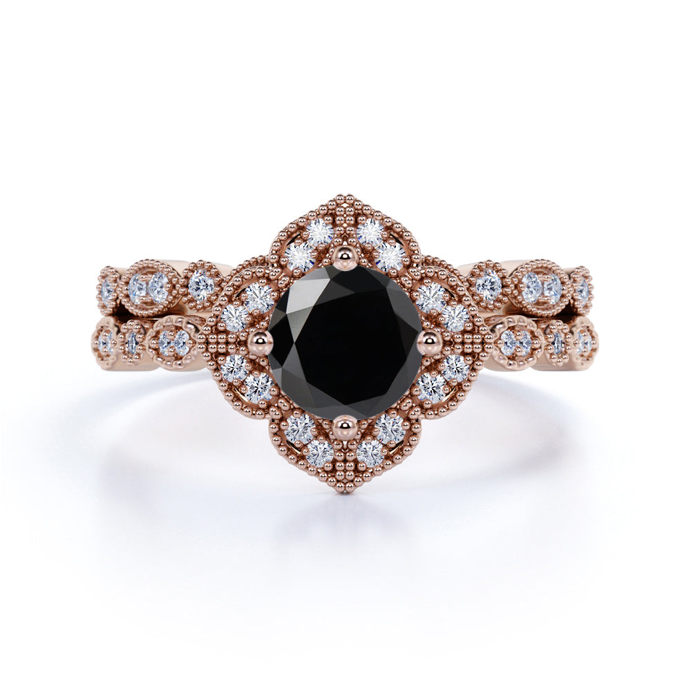 Beautiful 1.75 Carat Round cut Lab Black Diamond Halo Wedding Ring Set in White Gold