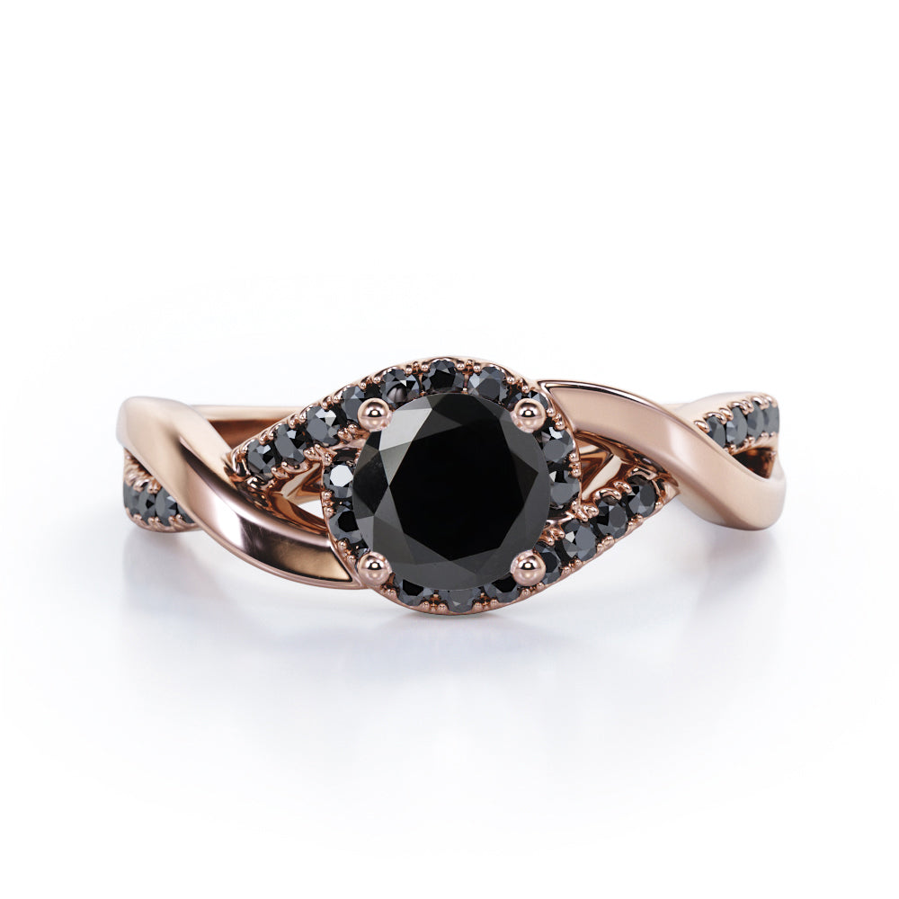 Tensioned Halo Set - 1.25 TCW Round Shaped Lab Created Black Diamond - Semi Pave Infinity Engagement Ring in White Gold