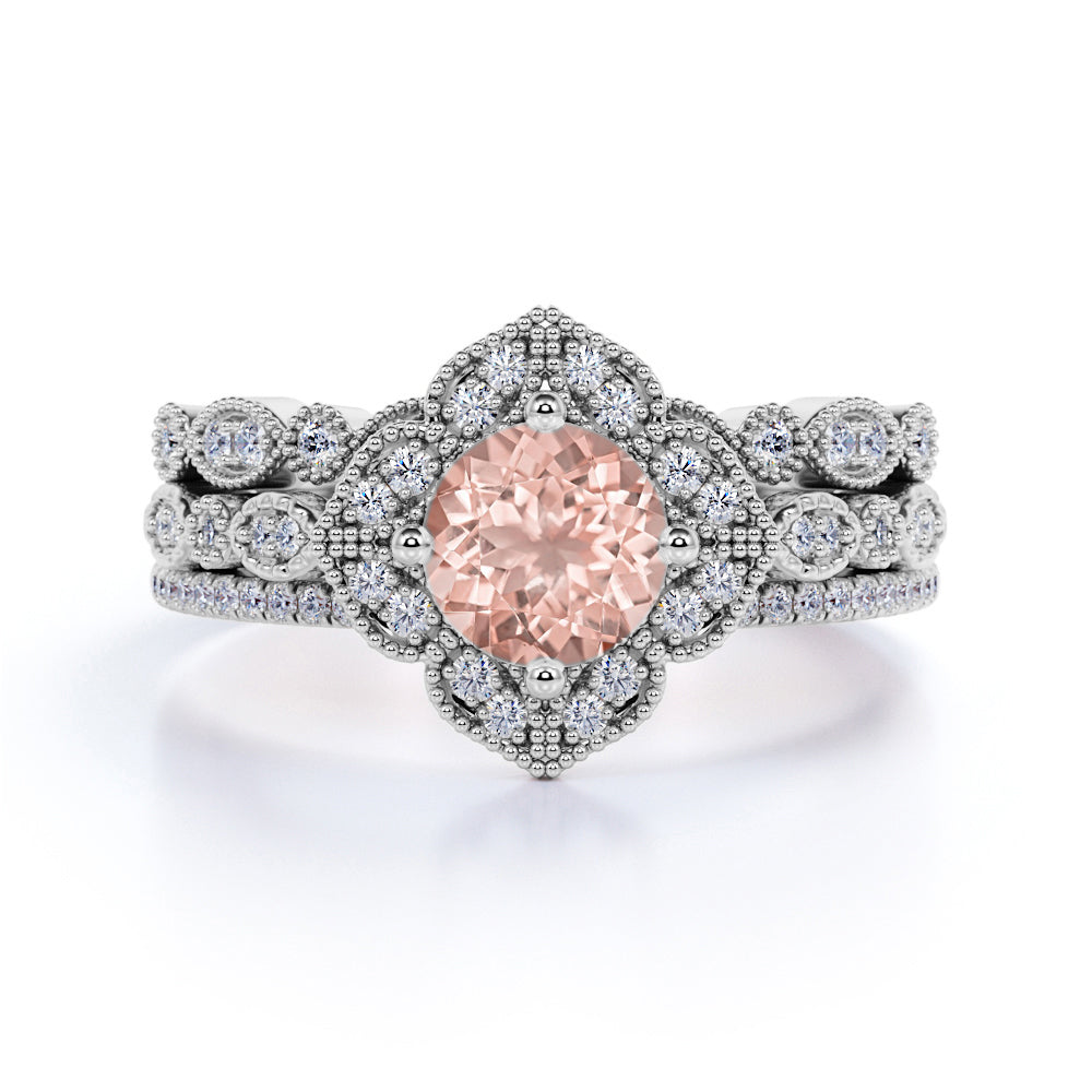 Unique 2 Carat Round Cut Peach Morganite and Diamond Trio Bridal Ring Set in 10k Rose Gold On Sale