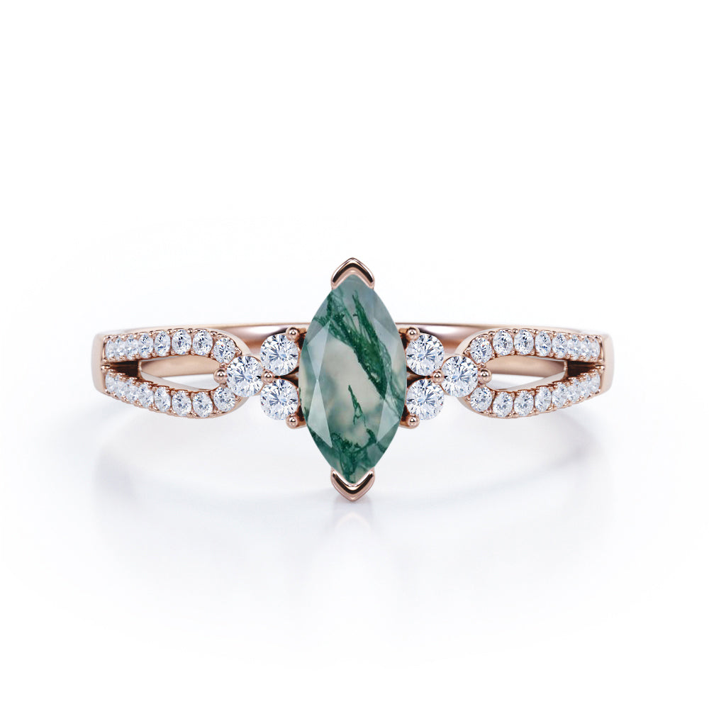 Affordable 1.45 Carat Marquise Cut Green Moss Agate And Diamond Double Shank Engagement Ring In Black Gold