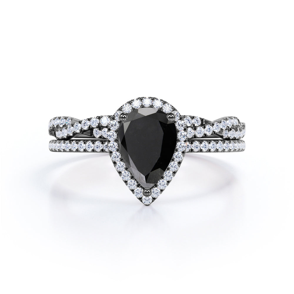 1.50 ct Pear Lab Black Diamond Twisted Wedding Ring Set