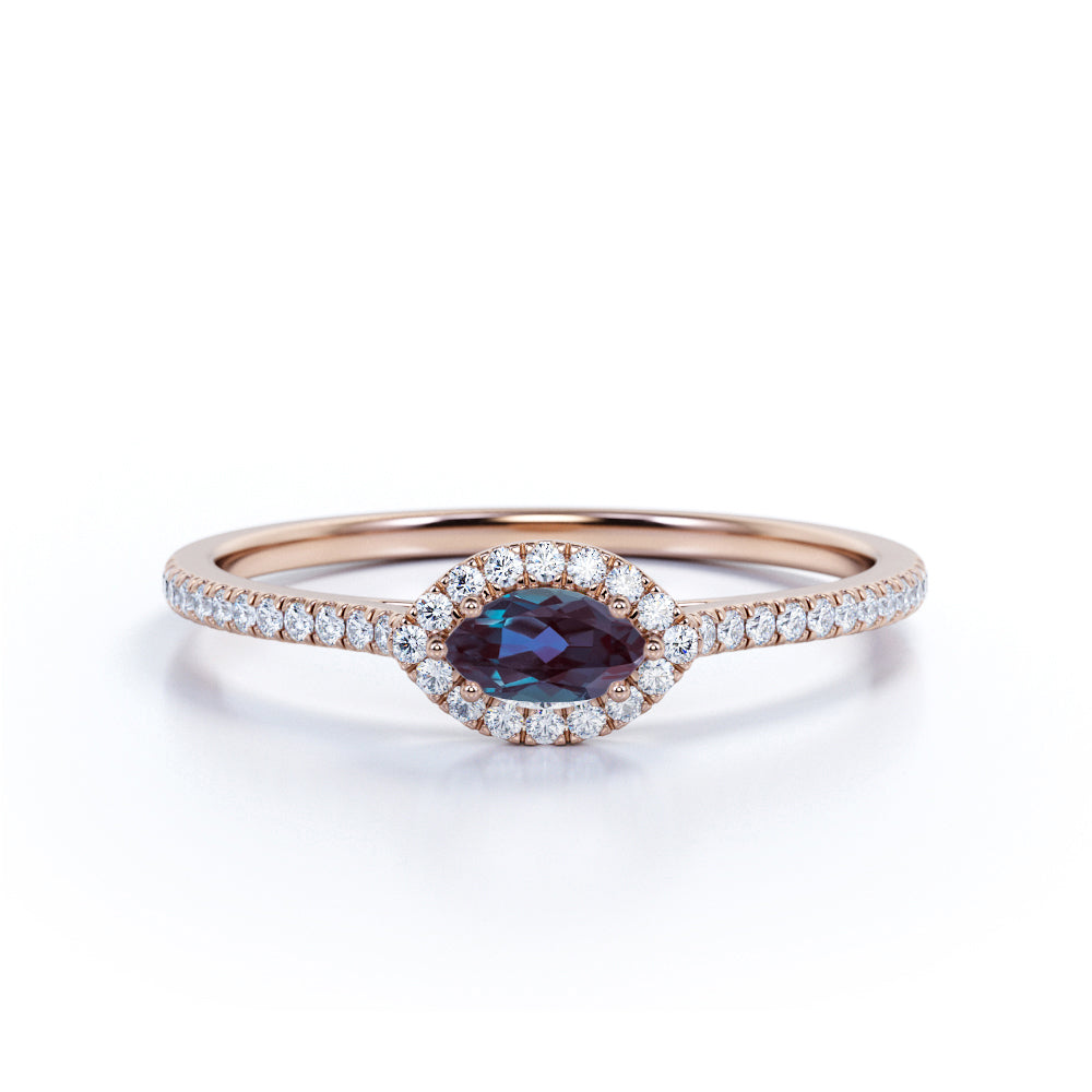 East West Setting 1.35 Carat Marquise Cut Lab Created Alexandrite And Diamond Halo Engagement Ring In White Gold