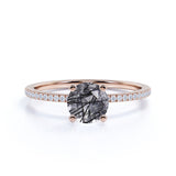 Solitaire 1.50 ct Round Black Rutiles Quartz Pave Engagement Ring