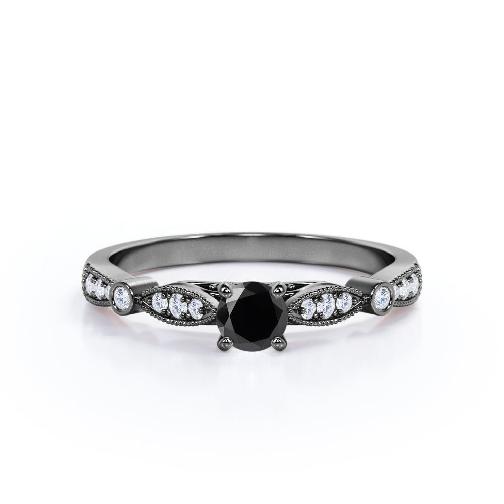 1.15 Carat Round Cut Lab Grown Black Diamond Four Prong Unique Engagement Ring In White Gold