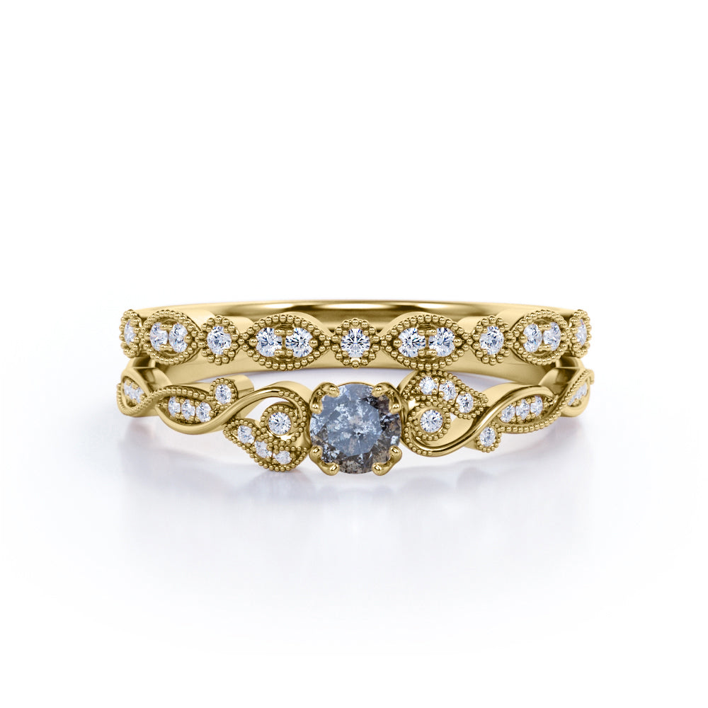 Vintage Nature Inspired 0.75 Carat Round Cut Natural Icy Grey Salt and Pepper Diamond with Art Deco Band Wedding Ring Sets in Rose Gold for Her
