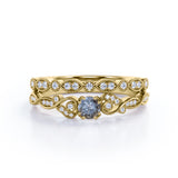 Vintage Nature Inspired 0.75 Carat Round Cut Natural Icy Grey Salt and Pepper Diamond with Art Deco Band Wedding Ring Sets in Rose Gold for Her