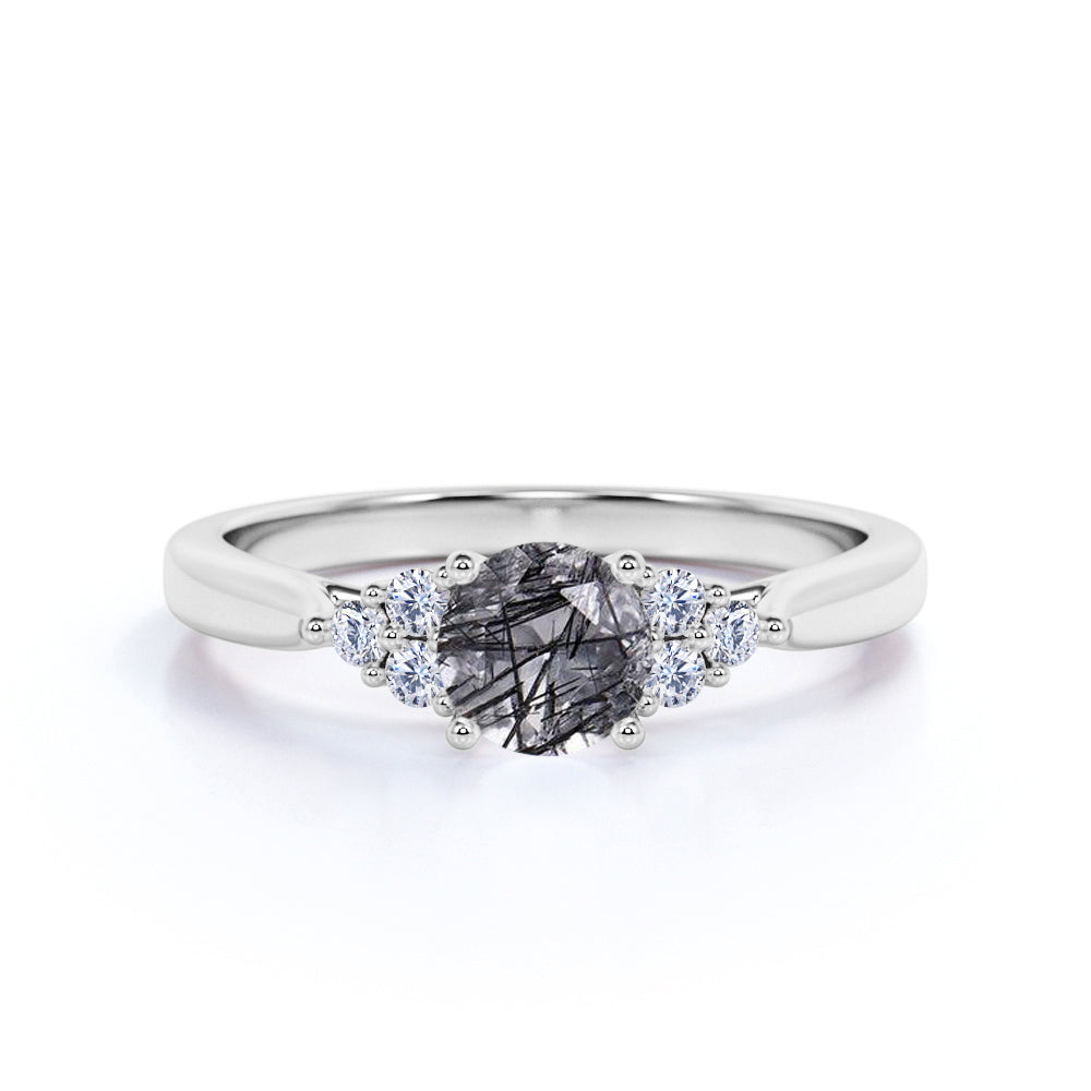 7 Stone 1.75 ct Round Black Rutilated Quartz Engagement Ring