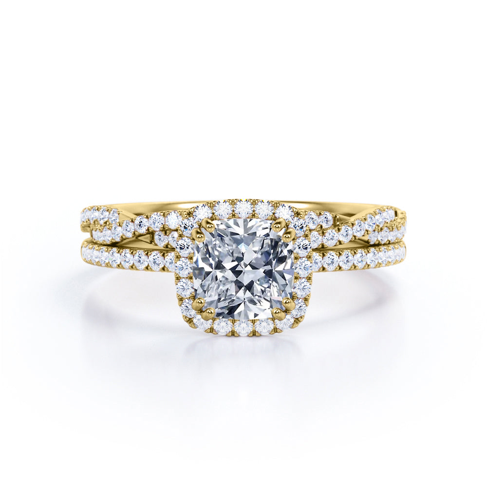 1.5 Carat Cushion Cut Moissanite And Diamond Halo Bridal Set in 10k White Gold