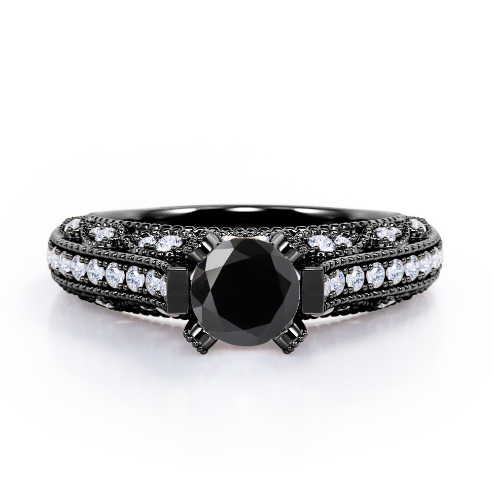 Beaded Four Prongs 1.40 Carat Round Cut Black Diamond Antique Art Deco Engagement Ring In White Gold