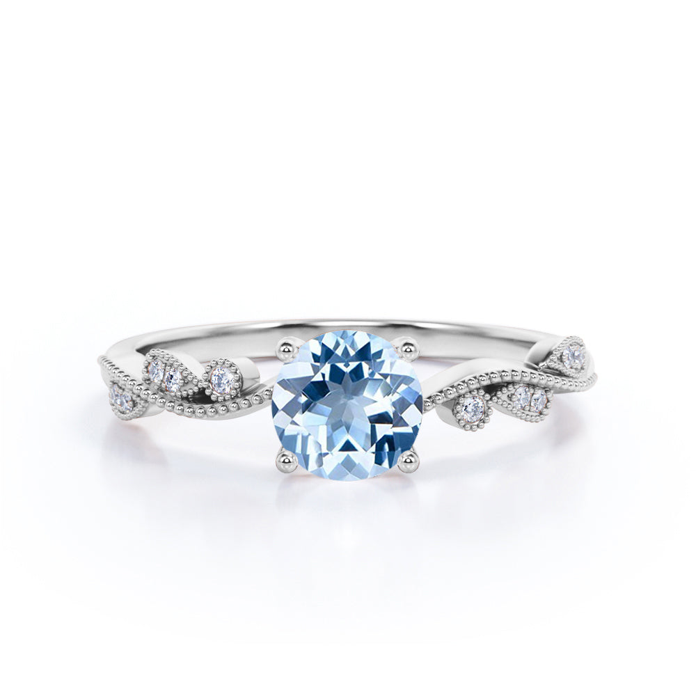 1.50 ct Round Aquamarine Milgrain Art Deco Engagement Ring