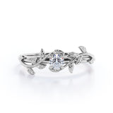 0.5 Carat Leaf Branch Round Moissanite Nature Inspired Engagement Ring in 18K White Gold Plating Over Silver