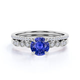 Classic 2 Carat Round Cut Sapphire and Diamond Bridal Ring Set with Pave Band in White Gold