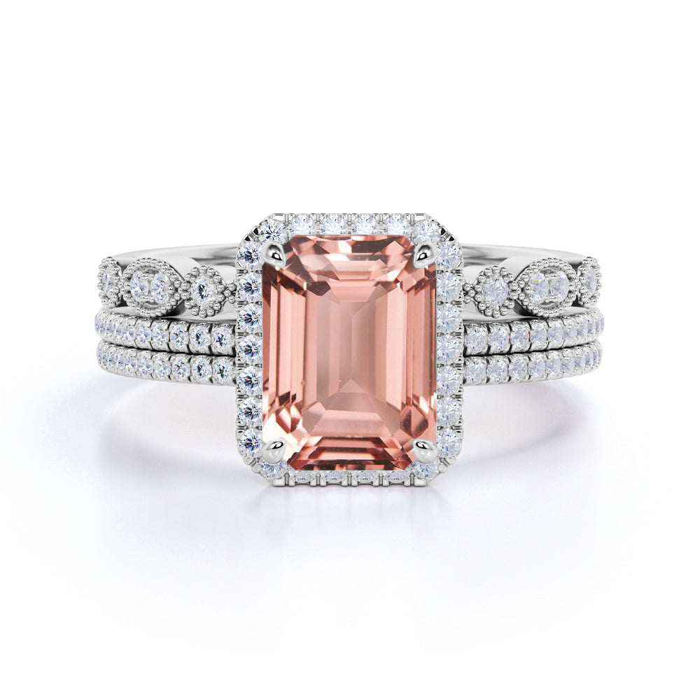 Perfect 2 Carat emerald cut Morganite and Diamond Trio Wedding Ring Set in Rose Gold