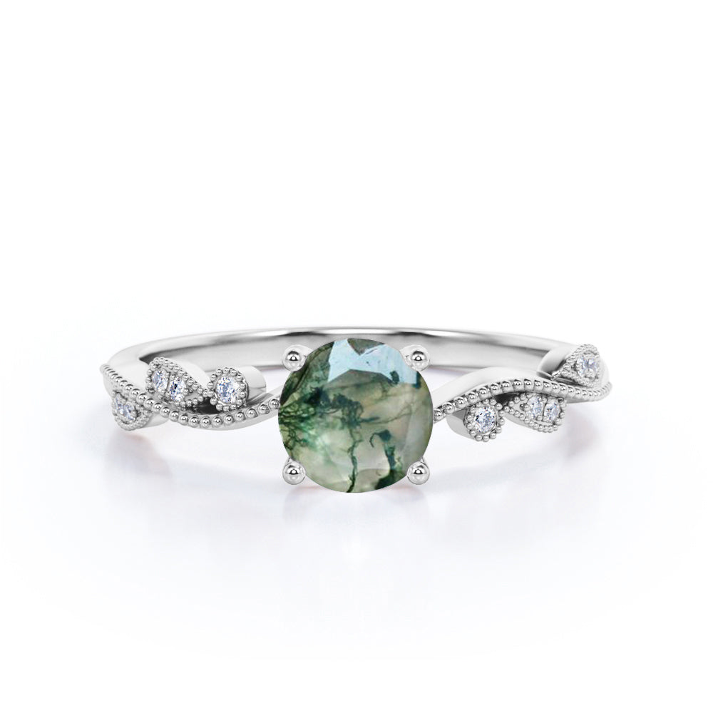 Art Deco 1.75 Carat Round Cut Moss Agate Engagement Ring
