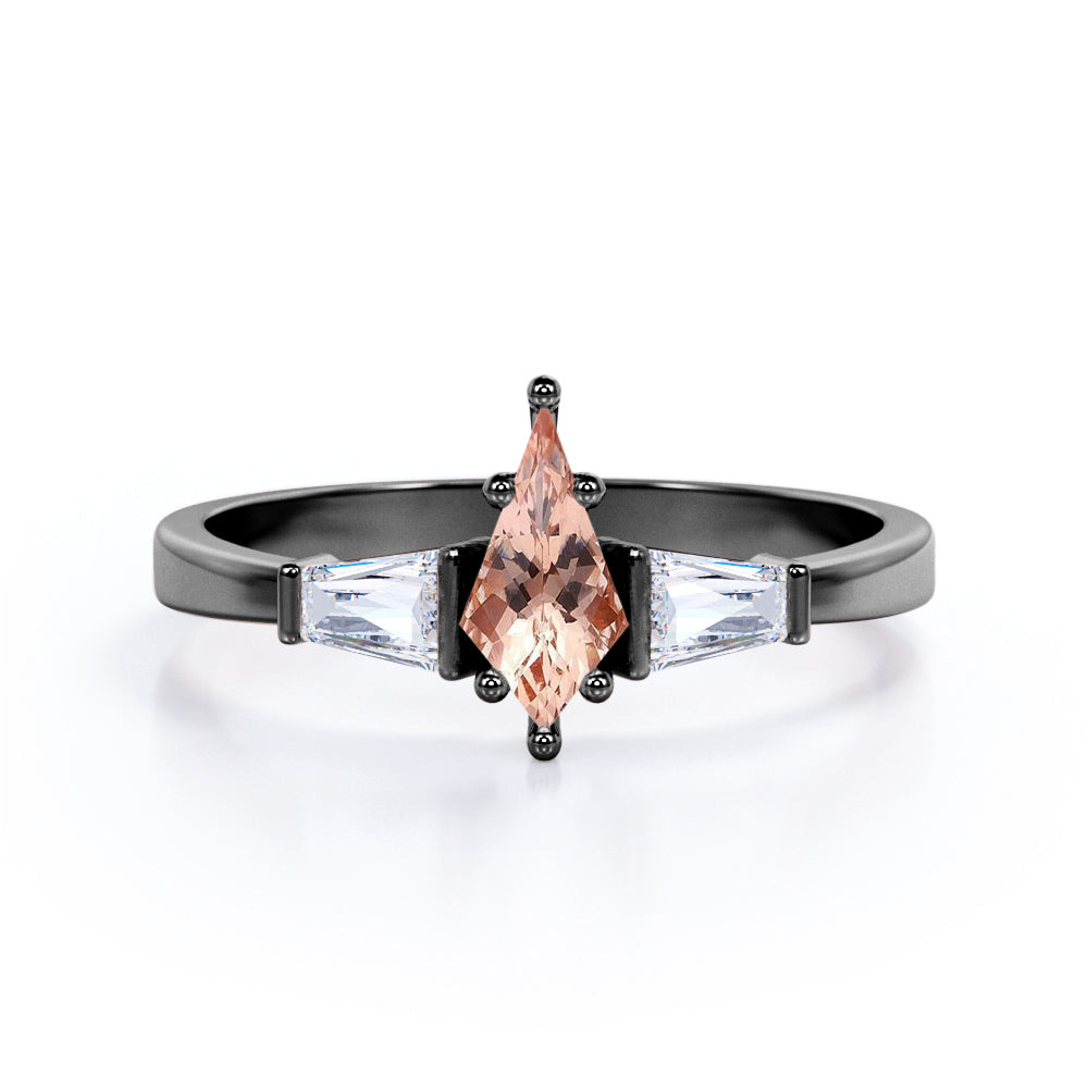 Trio Bezel Stone - 0.6 carat Kite Morganite and Moissanite Engagement Ring In Rose Gold
