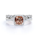 1.5 Carat Cushion Cut Peach Morganite and Diamond Wedding Ring Set in 10k Rose Gold Celebrity Ring