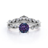 Vintage 1.50 Ct Round Lab Alexandrite Bridal Set