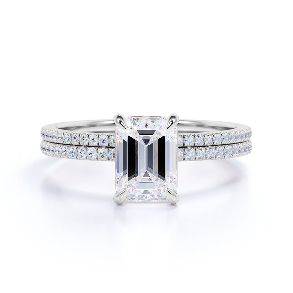 1.50 Carat emerald cut Moissanite and Diamond Halo Bridal Set in 10k Rose Gold