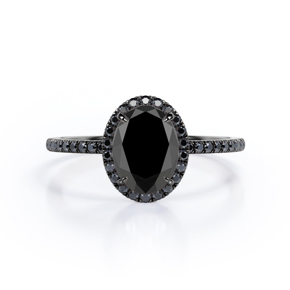 1.5 ct Oval Lab Black Diamond Halo Pave Engagement Ring