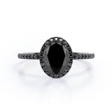 1.5 ct Oval Lab Black Diamond Halo Pave Engagement Ring