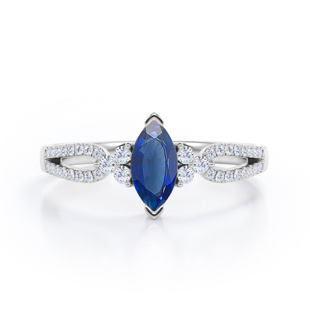 Affordable 1.45 Carat Marquise Cut Sapphire And Diamond Double Shank Engagement Ring In Rose Gold