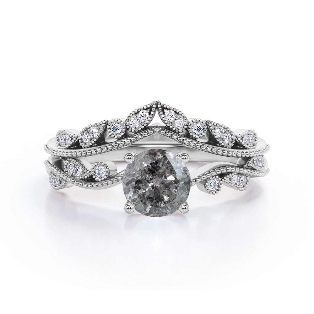 Milgrain 0.75 Ct Round Salt and Pepper Diamond Bridal Set