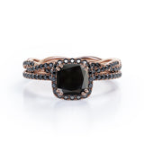 Eternity Crossover - 1.75 TCW Cushion Cut Lab Created Black Diamond - Halo Pave Setting Wedding Set in White Gold