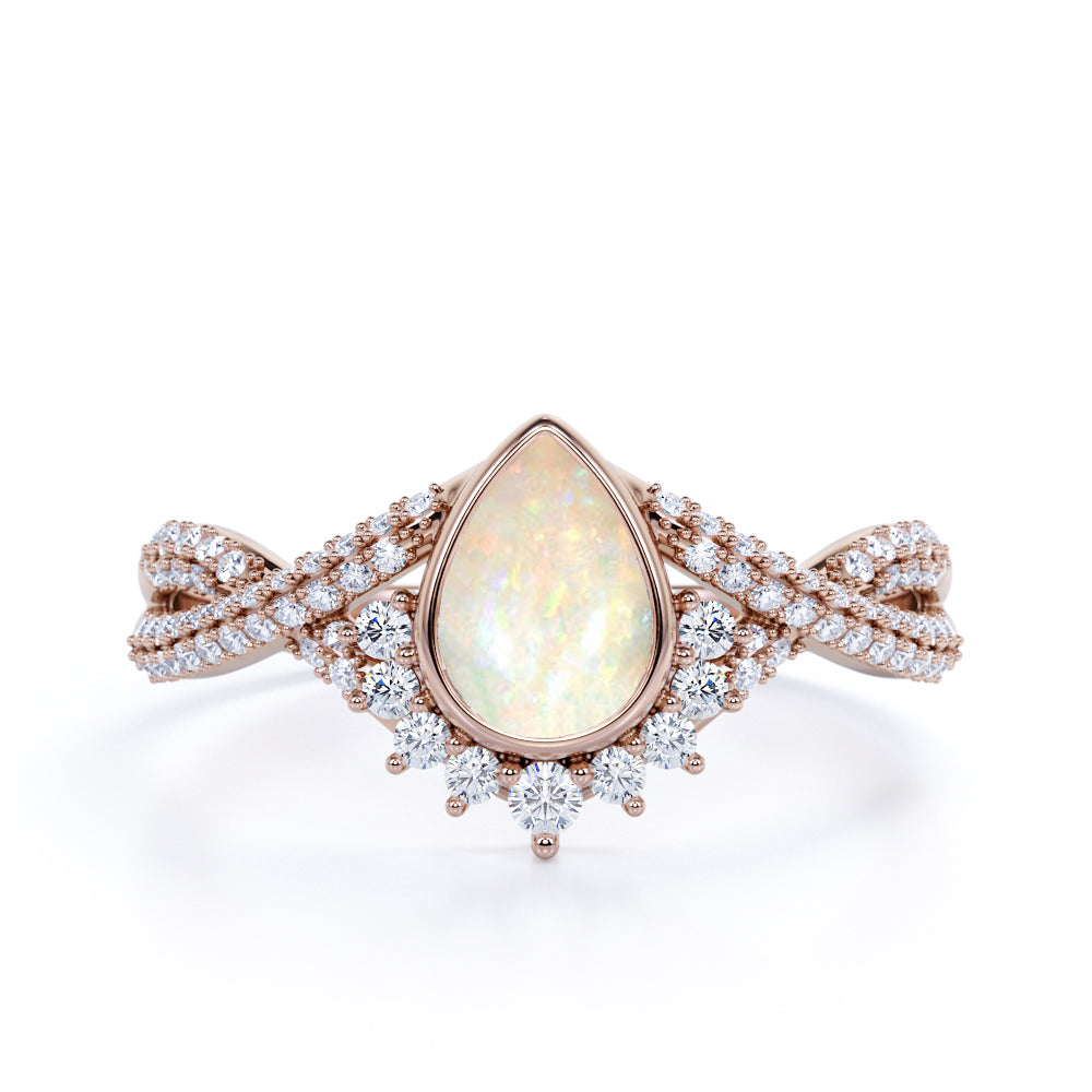 Contour 1.75 Carat Teardrop Shaped Pink Opal and Diamond Antique Infinity Engagement Ring in White Gold