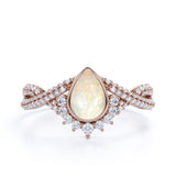 Contour 1.75 Carat Teardrop Shaped Pink Opal and Diamond Antique Infinity Engagement Ring in White Gold