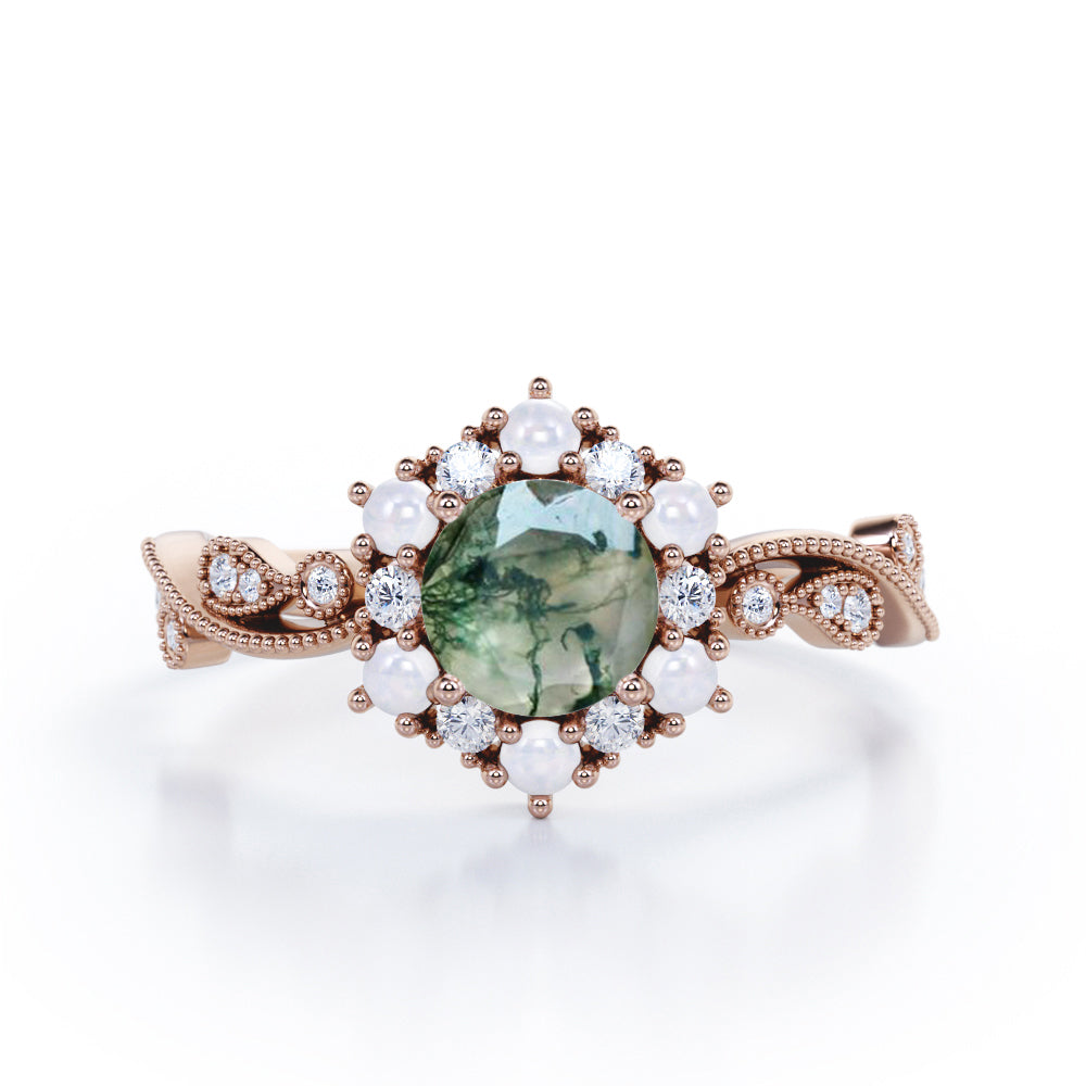 Floral Halo 0.7 carat Round Moss Green Agate and Diamond Engagement Ring in White Gold