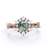 Floral Halo 0.7 carat Round Moss Green Agate and Diamond Engagement Ring in White Gold