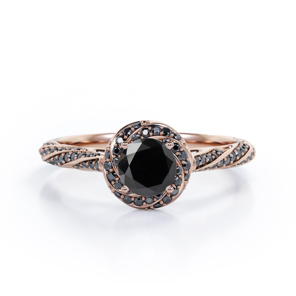 Twirl Halo - 1.35 TCW Round Shaped Lab Created Black Diamond - Twisted Pave Engagement Ring in White Gold