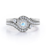 Pave-Prong Design 0.55 TCW Round Shape Moonstone and Moissanite Bridal Ring Set in Rose Gold