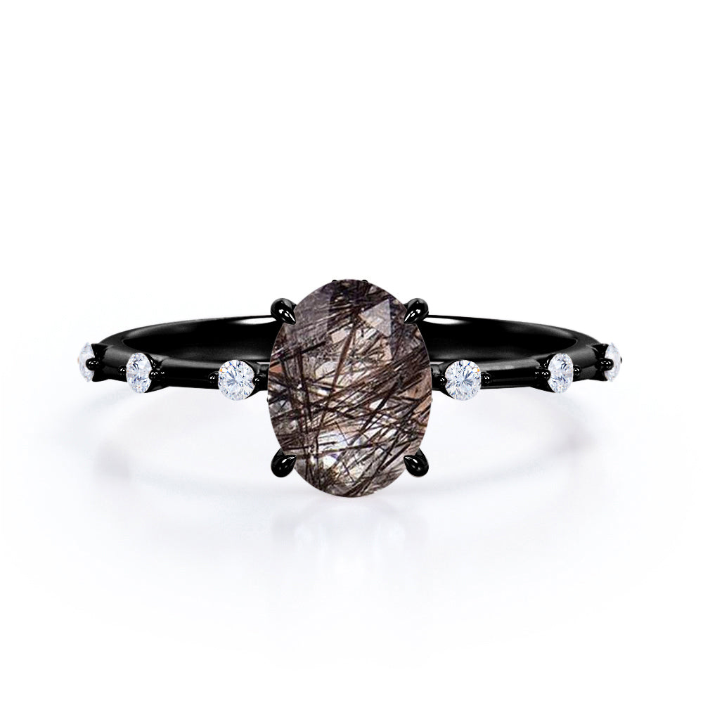 Sharp Four Claws 1.10 Carat Oval Cut Natural Black Rutilated Quartz And Diamond Seven Stone Engagement Ring In White Gold