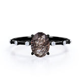 Sharp Four Claws 1.10 Carat Oval Cut Natural Black Rutilated Quartz And Diamond Seven Stone Engagement Ring In White Gold
