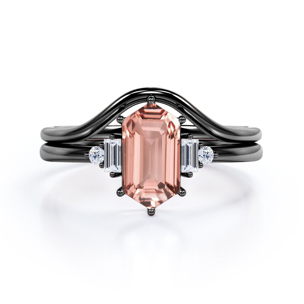 Lovable Plain Style 0.55 carat Hexagon Morganite and Moissanite Wedding Ring Set in Rose Gold