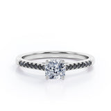 Four Prong Set - 1.25 TCW Princess Cut Moissanite with Lab Created Black Diamond - Scalloped Pave Engagement Ring in White Gold