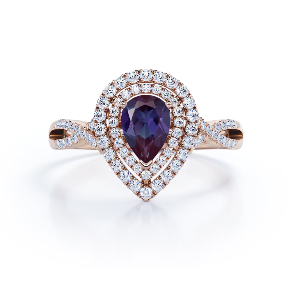 Twisted 1.50 Carat Pear Cut Lab Created Alexandrite Double Halo Engagement Ring For Her In White Gold