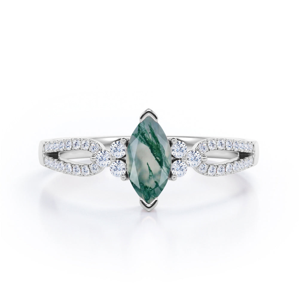 Affordable 1.45 Carat Marquise Cut Green Moss Agate And Diamond Double Shank Engagement Ring In Black Gold