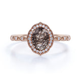 Halo 1.50 ct Oval Black Rutilated Quartz Art Deco Engagement Ring