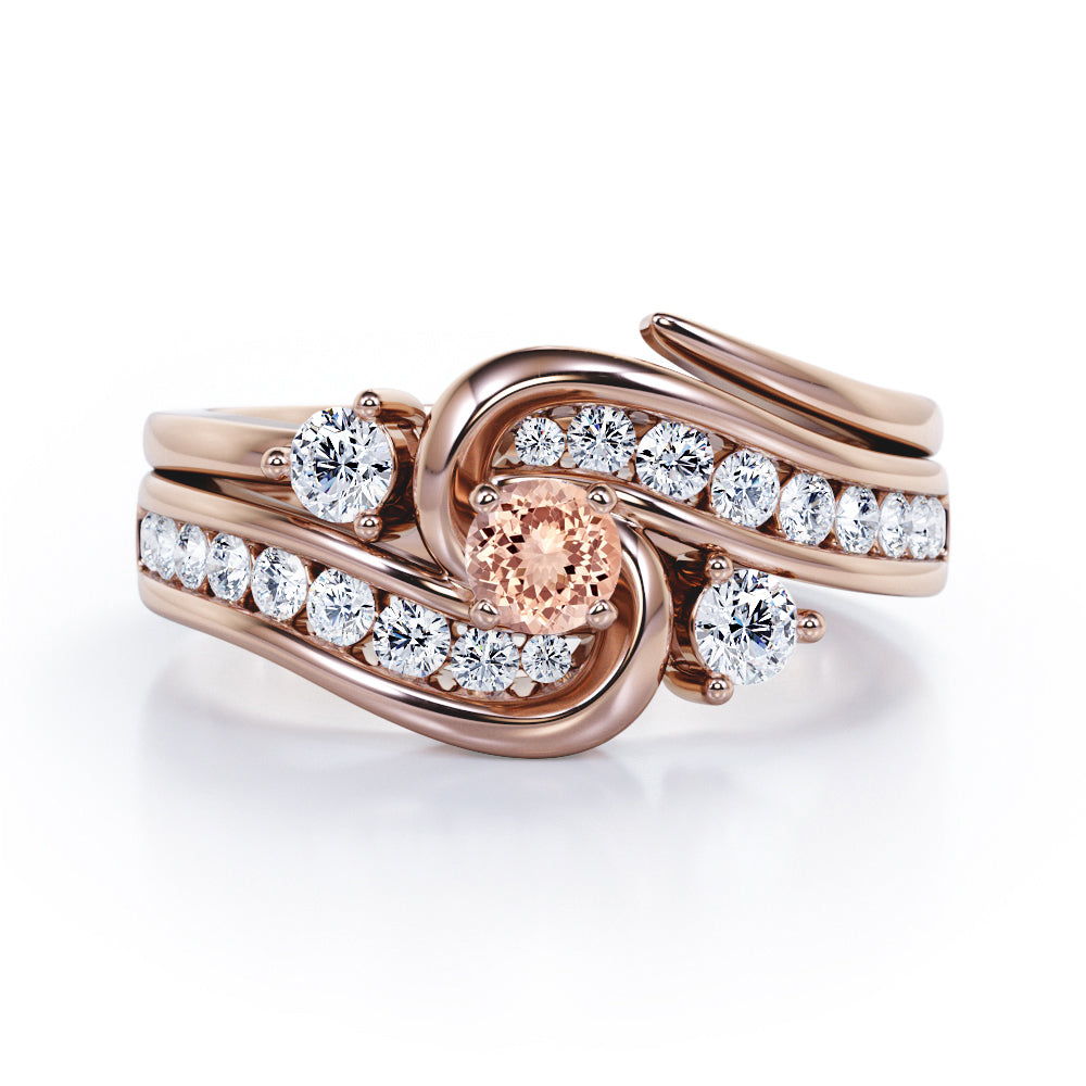 Twisted Tension - Prong 1 TCW Round Brilliant Cut Morganite and Moissanite - Flush Channel Wedding Set in White Gold