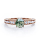 Classic Four Prong 1.45 Carat Round Cut Green Moss Agate And Diamond Vintage Milgrain Engagement Ring In Rose Gold