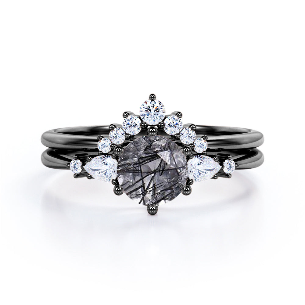 Five Stone 1.35 ct Round Black Rutilated Quartz Chevron Bridal Set