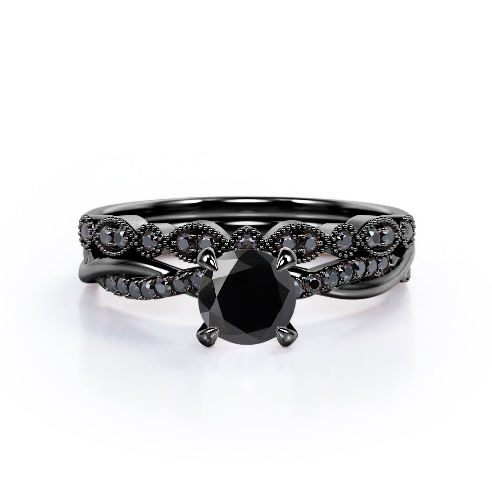 Milgrain Filigree Decorated 1.6 TCW Round Shaped Lab Created Black Diamond Twisted Pave Wedding Set in White Gold