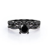 Milgrain Filigree Decorated 1.6 TCW Round Shaped Lab Created Black Diamond Twisted Pave Wedding Set in White Gold