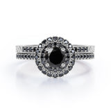 Double Halo Pave 1.75 TCW Round Lab Created Black Diamond Filigree Wedding Ring Set in White Gold