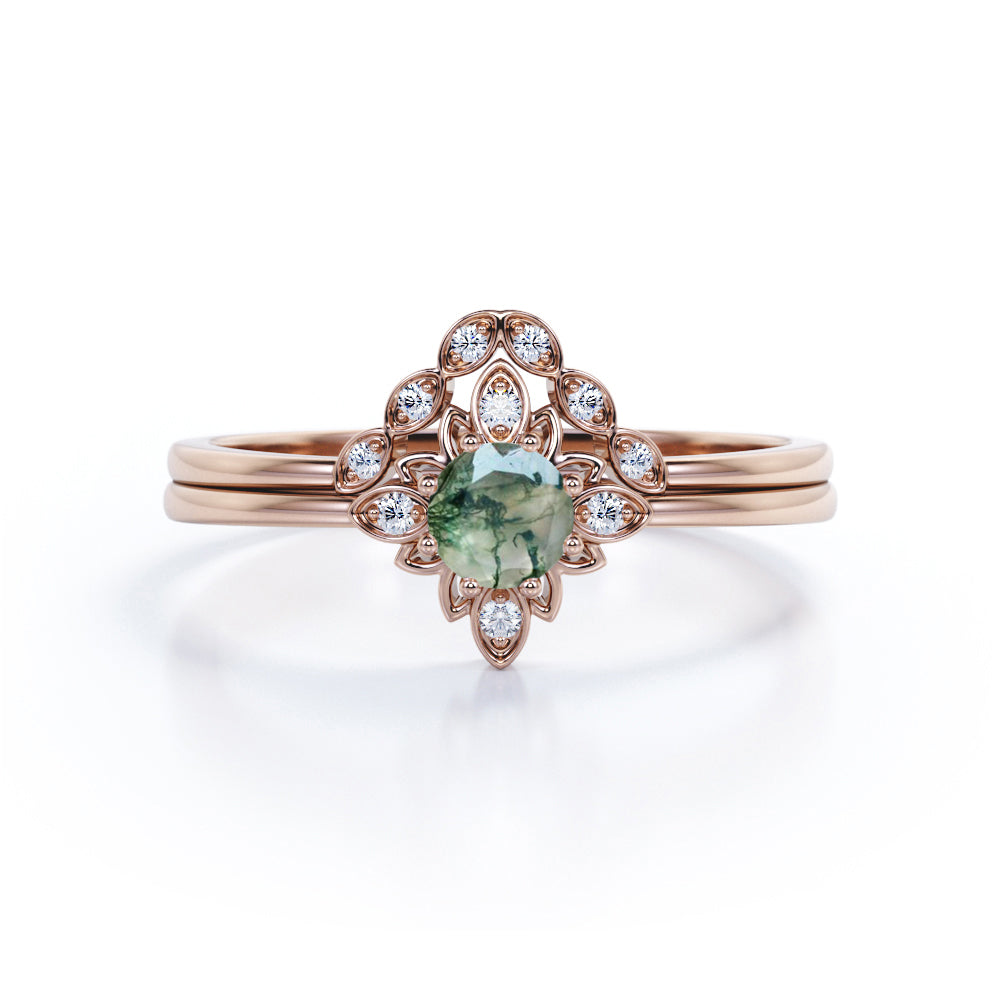 Fantasy Sculpted Flower of 0.6 carat round Moss Agate and Moissanite Bridal Ring Set in White Gold