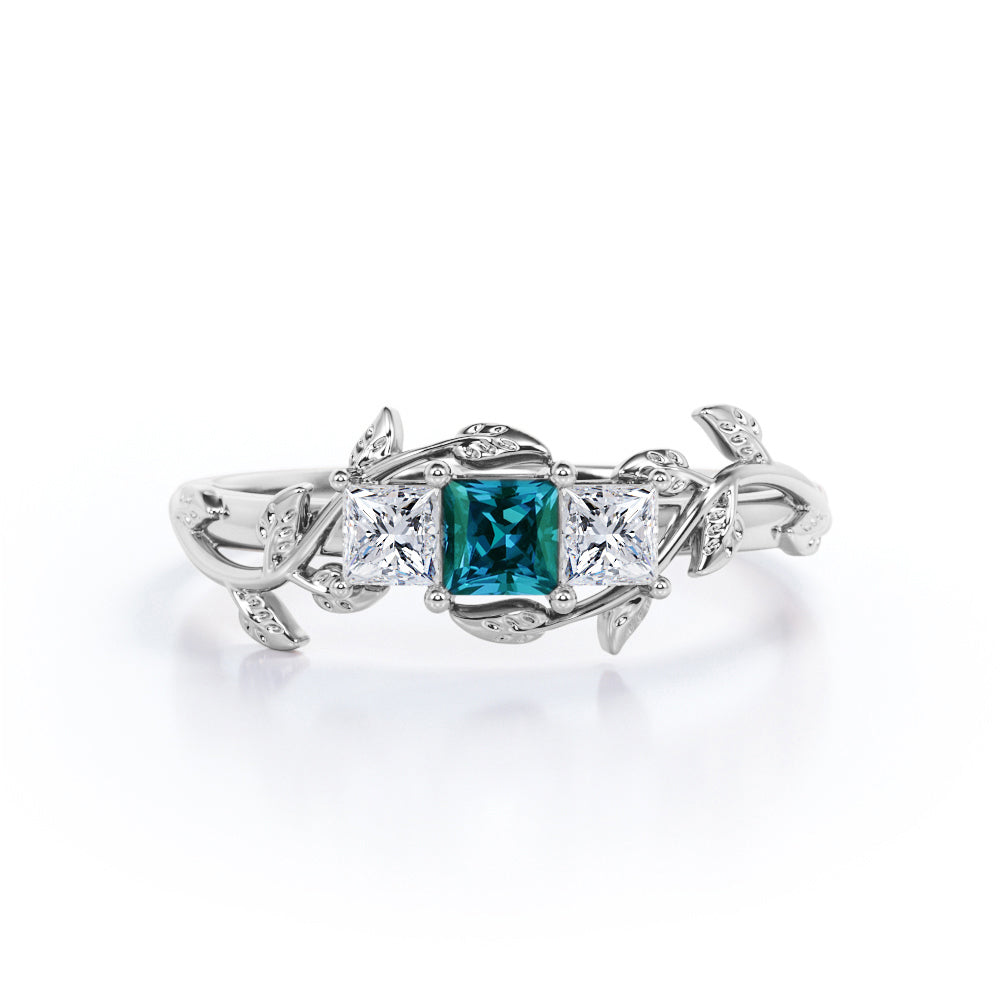 Floral Patterns 1 Carat Princess Cut Lab Created Alexandrite And Diamond 3 Stone Promise Ring In White Gold For Her