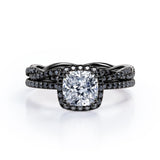 Eternity Crossover - 1.75 TCW Cushion Cut Moissanite with Lab Created Black Diamond - Halo Pave Setting Wedding Set in White Gold