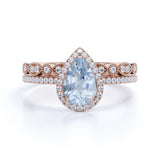 Halo 1.75 ct Pear Aquamarine Art Deco Wedding Ring Set